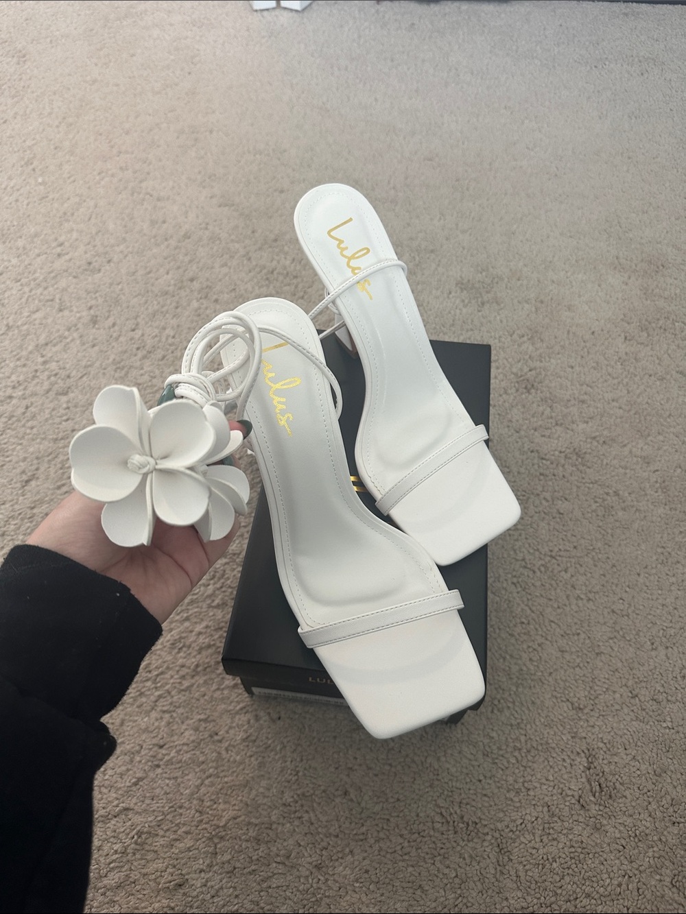 Lulu's White Floral Ankle-Tie Square Toe Block Heels